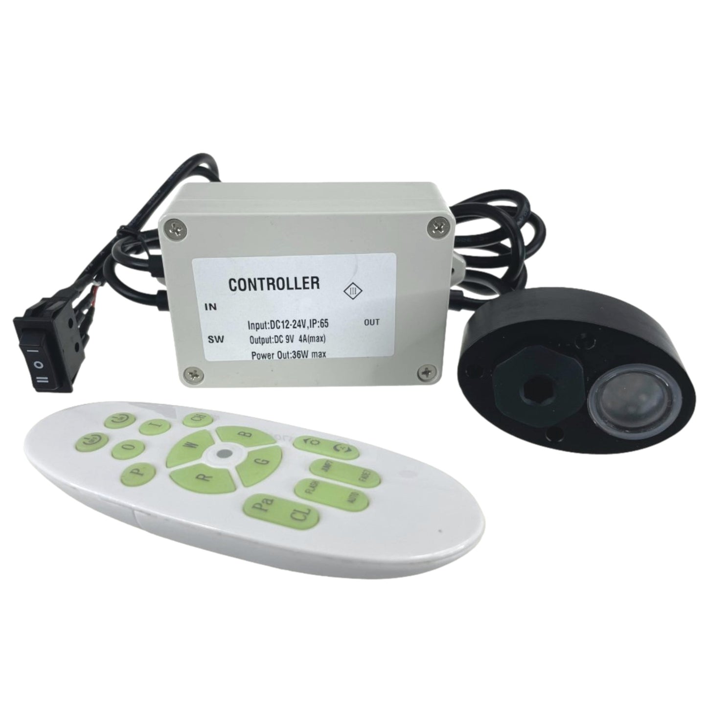 Pactrade Marine Black Aluminum Housing Plug/Transom Underwater Light DC12-24V LED Waterproof IP68 36W Max LED Lengthy Wired with 433MHz Remote Control Red Green Blue White (Single LED)