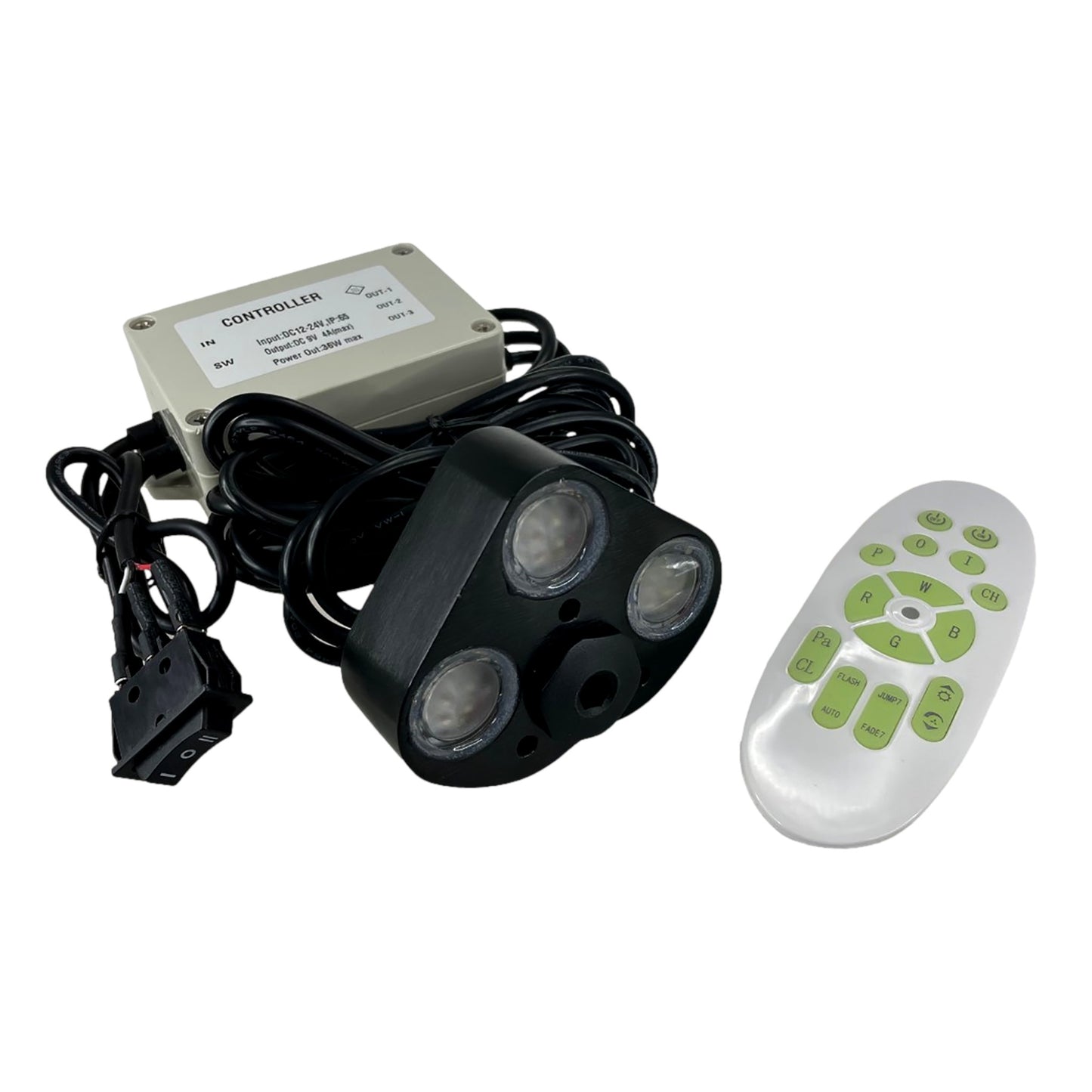 Pactrade Marine Black Aluminum Housing Plug/Transom Underwater Light DC12-24V LED Waterproof IP68 36W Max Triple LED Lengthy Wired with 433MHz Remote Control Red Green Blue White