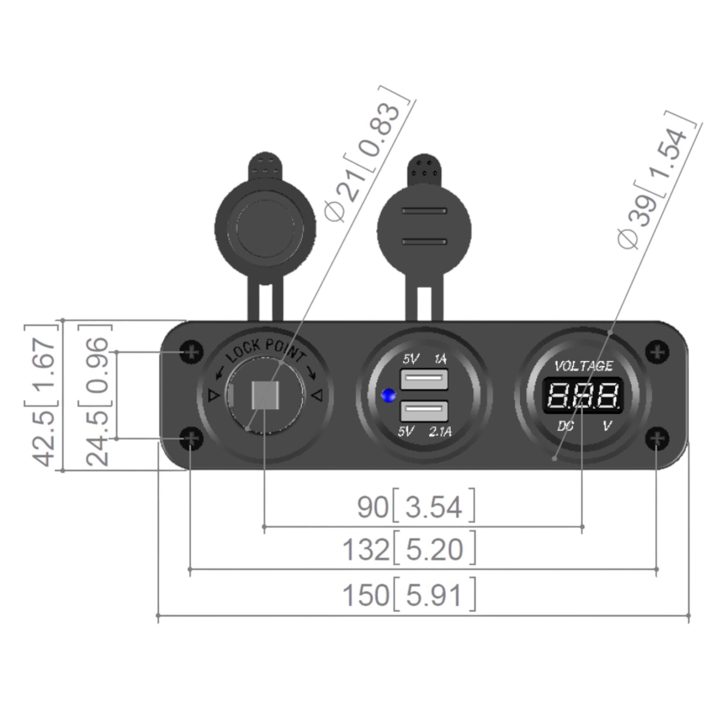 Pactrade Marine Car Digital Voltmeter Dual USB 2 Port Power Socket Three Hole Panel, Black