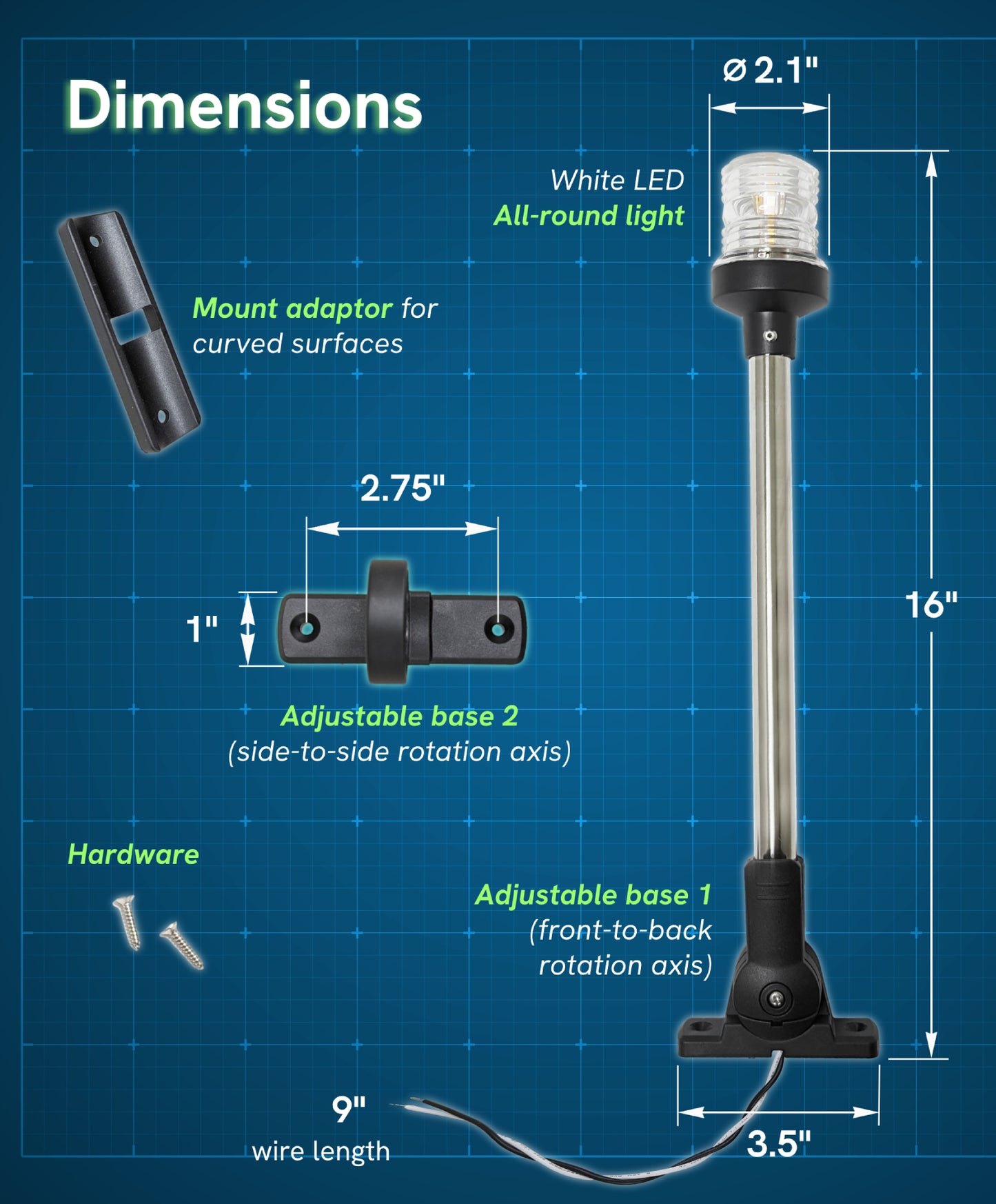 Pactrade Marine 12V Marine Boat Yacht Pontoon Navigation Anchor Light 360 Degrees All Around Nature White LED Splashproof Black Housing USCG Certified Approved (Dual Adjustable Bases (H=16"))