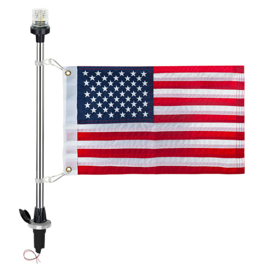 Pactrade Marine Navigation Lights for Boats LED - 24-Inch White LED Stern Light/LED Anchor Light with Removable Flat-Top Base and American Flag 12x18 Inches (250 LM, 3 NM) | Boat Navigation Lights