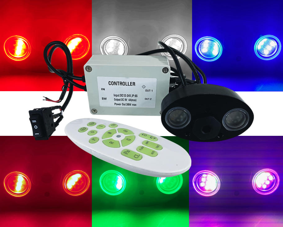 Pactrade Marine Black Aluminum Housing Plug/Transom Underwater Light DC12-24V LED Waterproof IP68 36W Max LED Lengthy Wired with 433MHz Remote Control Red Green Blue White (Double LEDs)