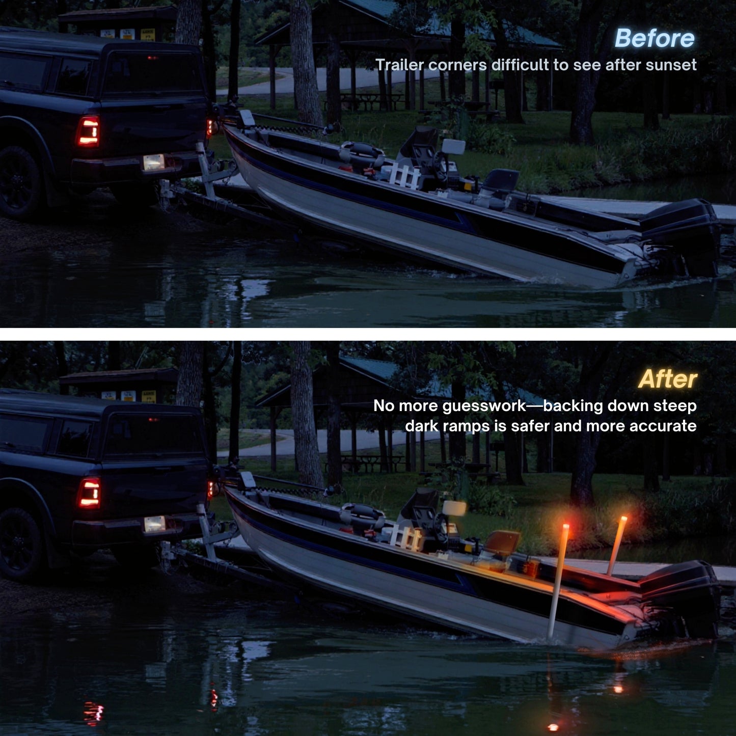 Pactrade Marine Post Guide-On LED Trailer Light Kit (Set of 2) - Amber Front/Red Rear for Night Visibility, Includes 2x 8ft Wires - Fits 2 3/8 Inch PVC Guide Posts - IP67 Waterproof for Boat Trailers