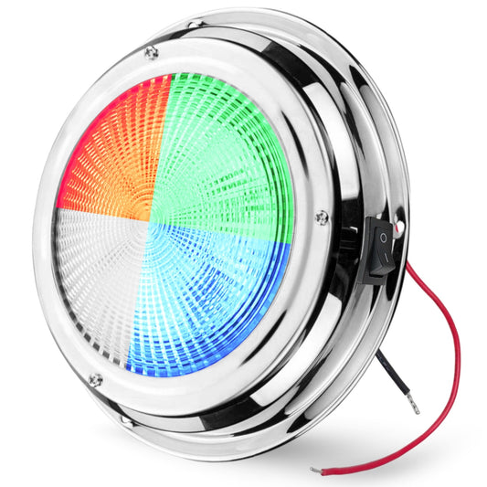 Pactrade Marine LED Dome Light RGBW - 4-Inch, Built-in Color Switch (2-Wire, NO Controller Needed) - Stainless Steel Surface Mount - 4-Color Interior Boat Lights, Marine-RV Ready (12V/24V)