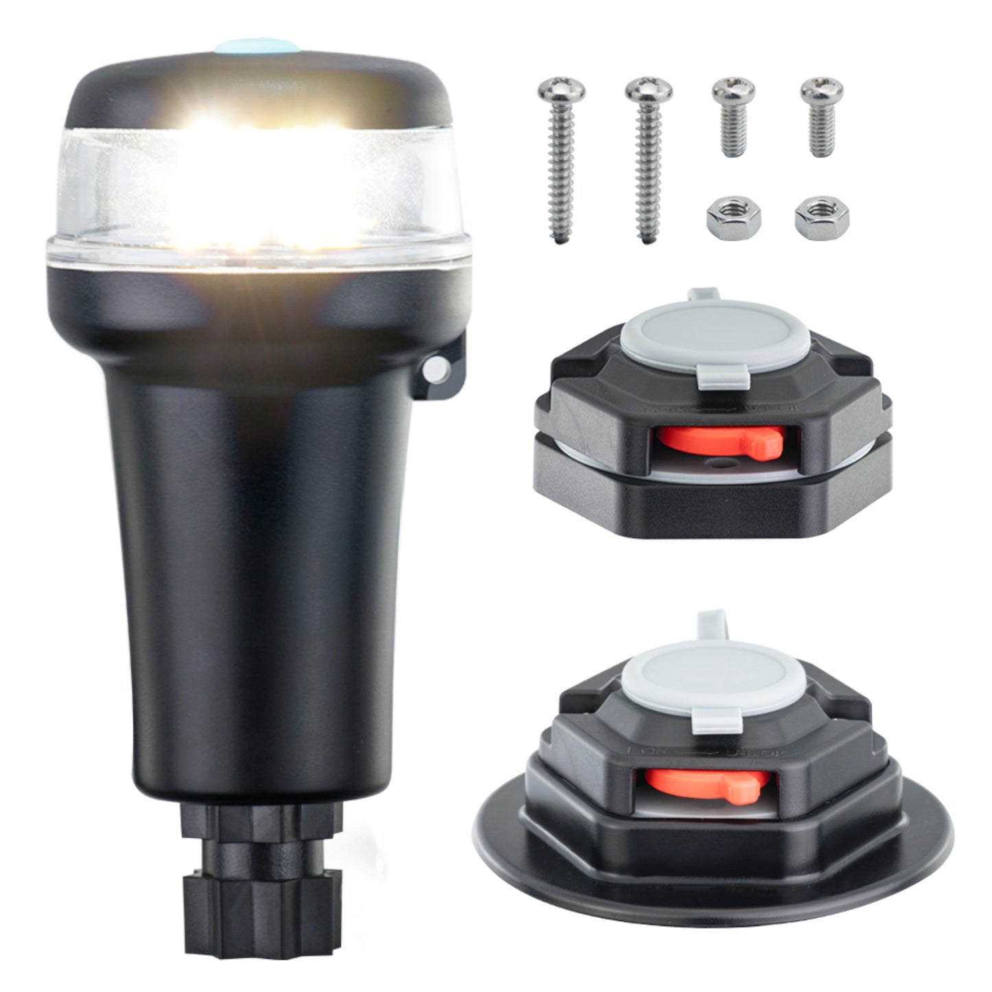 Pactrade Marine Navigation Lights for Boats LED - White Battery Powered Nav Lights for Boats - Adaptor & Surface Mounts (Curved), Swivel Base, 2-Mode Operation - 1NM Waterproof