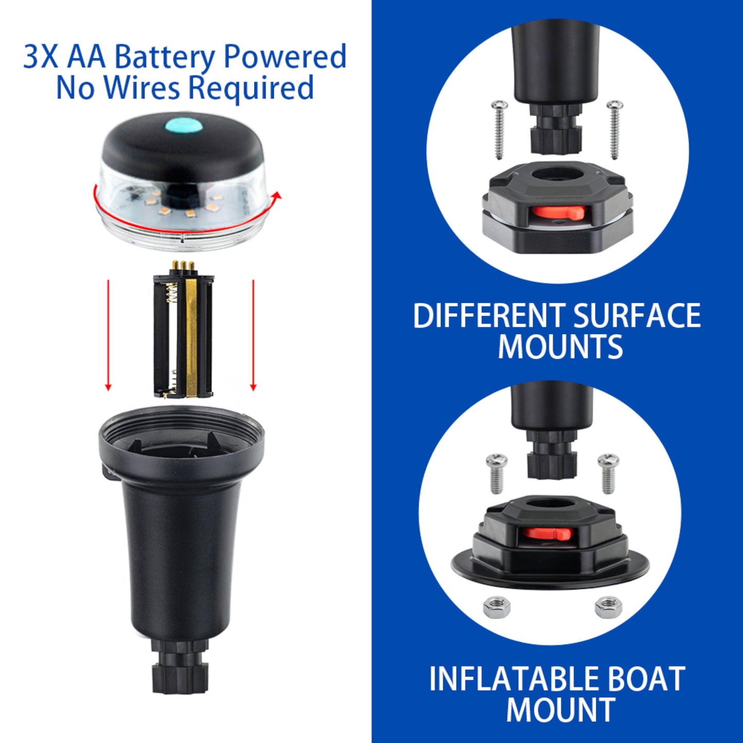 Pactrade Marine Navigation Lights for Boats LED - White Battery Powered Nav Lights for Boats - Adaptor & Surface Mounts (Curved), Swivel Base, 2-Mode Operation - 1NM Waterproof