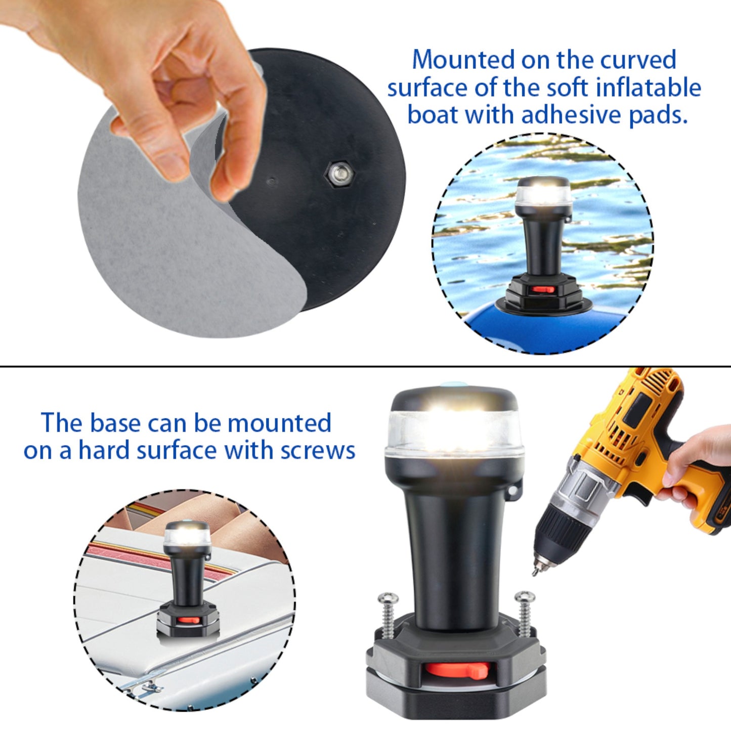 Pactrade Marine Navigation Lights for Boats LED - White Battery Powered Nav Lights for Boats - Adaptor & Surface Mounts (Curved), Swivel Base, 2-Mode Operation - 1NM Waterproof