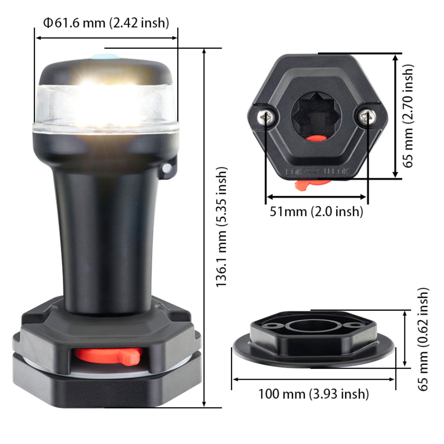 Pactrade Marine Navigation Lights for Boats LED - White Battery Powered Nav Lights for Boats - Adaptor & Surface Mounts (Curved), Swivel Base, 2-Mode Operation - 1NM Waterproof