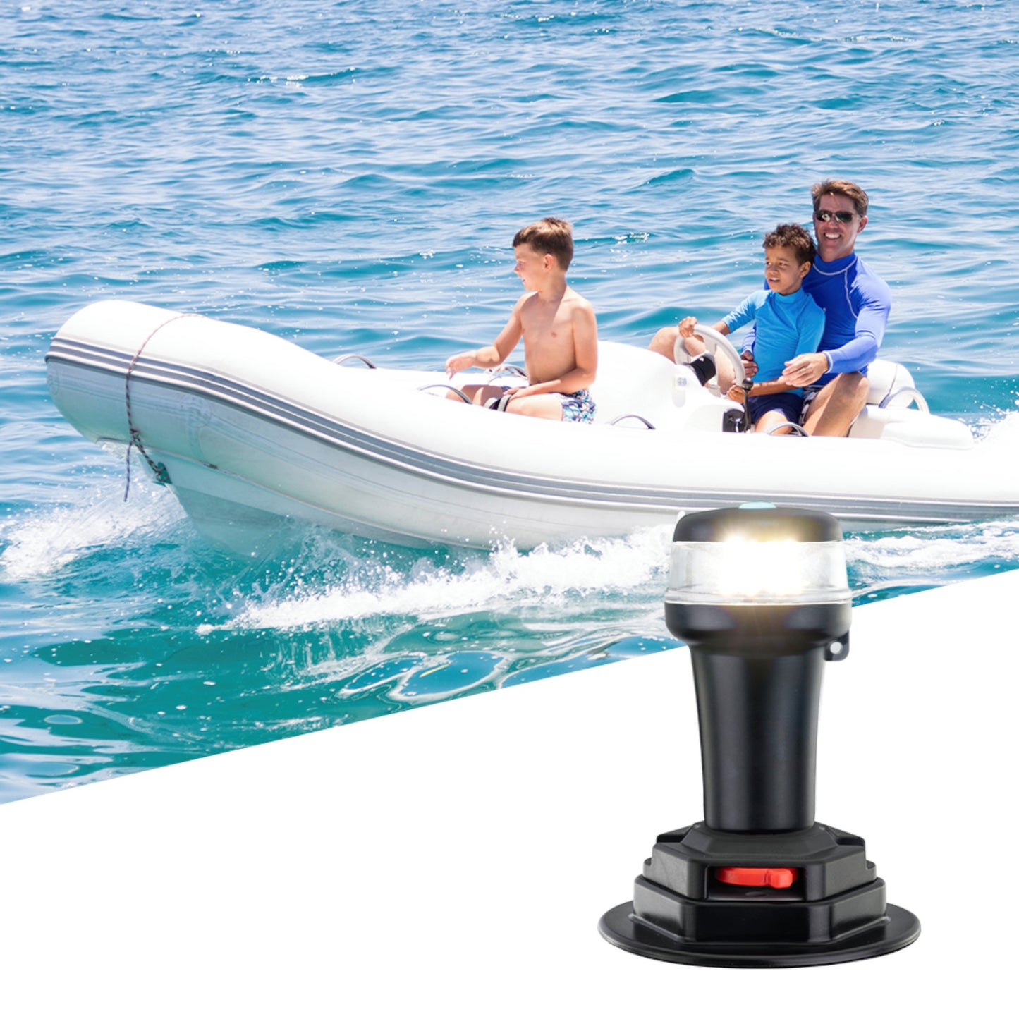 Pactrade Marine Navigation Lights for Boats LED - White Battery Powered Nav Lights for Boats - Adaptor & Surface Mounts (Curved), Swivel Base, 2-Mode Operation - 1NM Waterproof