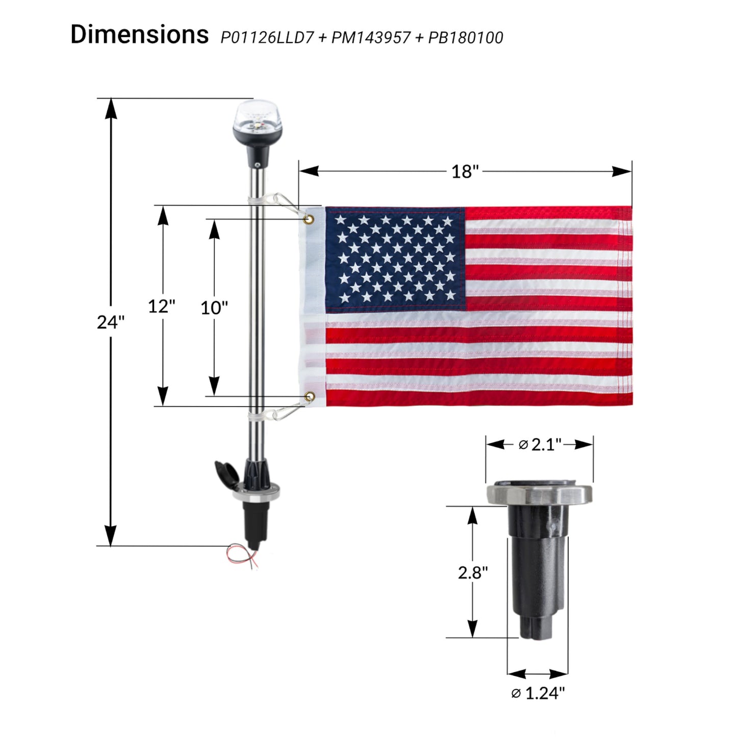 Pactrade Marine Navigation Lights for Boats LED - 24-Inch White LED Stern Light/LED Anchor Light with Removable Flat-Top Base and American Flag 12x18 Inches (93 LM, 2 NM) | Boat Navigation Lights