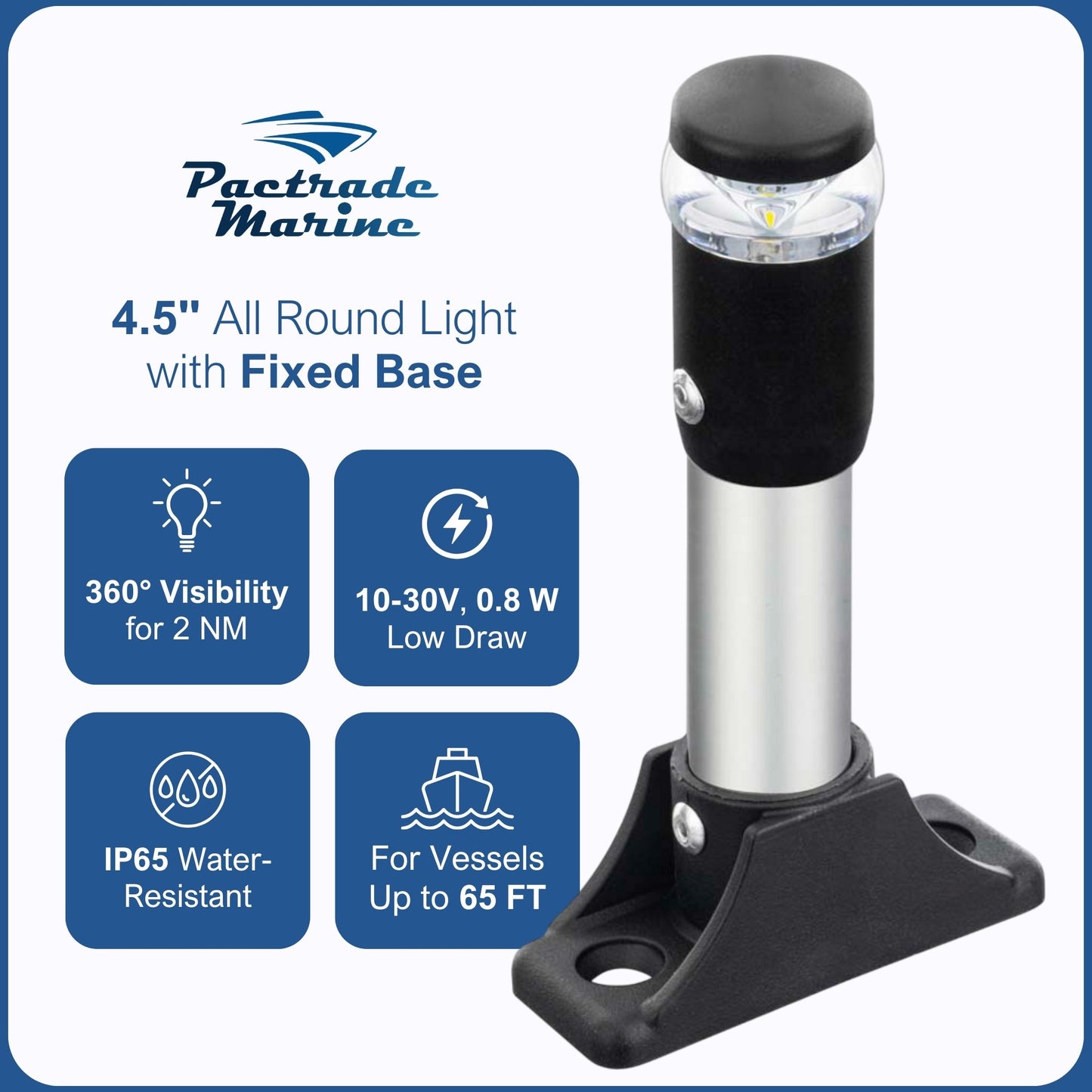 Pactrade Marine Navigation Lights for Boats LED - 4.5 Inch White All-Round Stern Light (Fixed Base, Surface Mount) for Night Boating - 52 LM Pontoon, Kayak, Jon Boat Accessories (DC10-30V)