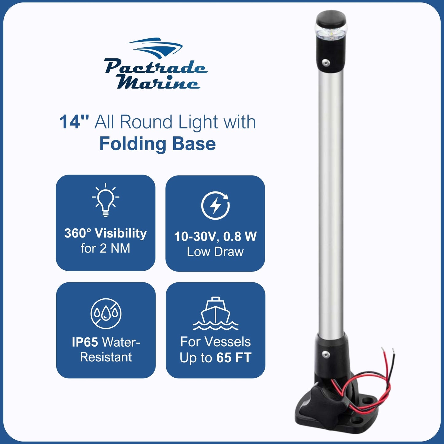 Pactrade Marine Navigation Lights for Boats LED - 14 Inch White All-Round Stern Light (Folding Base, Surface Mount) for Night Boating - 52 LM Pontoon, Kayak, Jon Boat Accessories (DC10-30V)