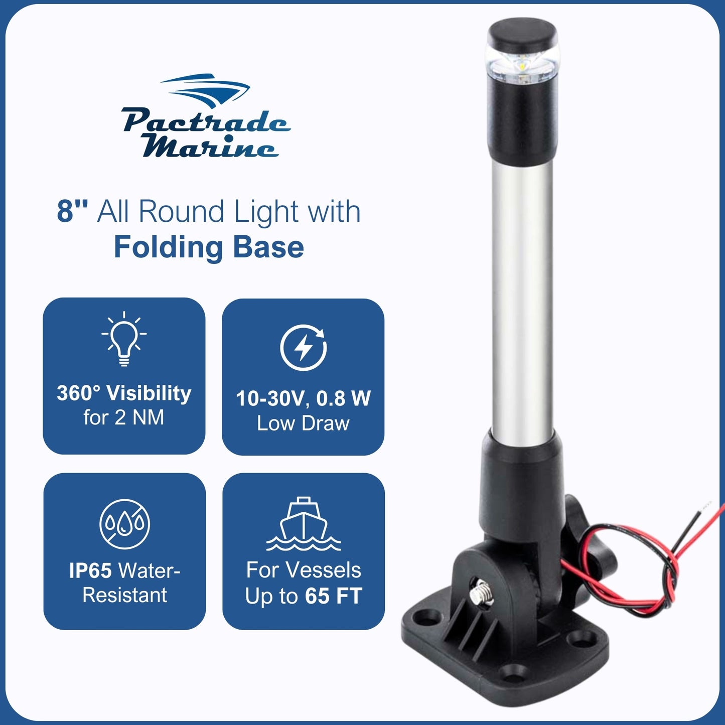Pactrade Marine Navigation Lights for Boats LED - 8 Inch White All-Round Stern Light (Folding Base, Surface Mount) for Night Boating - 52 LM Pontoon, Kayak, Jon Boat Accessories (DC10-30V)