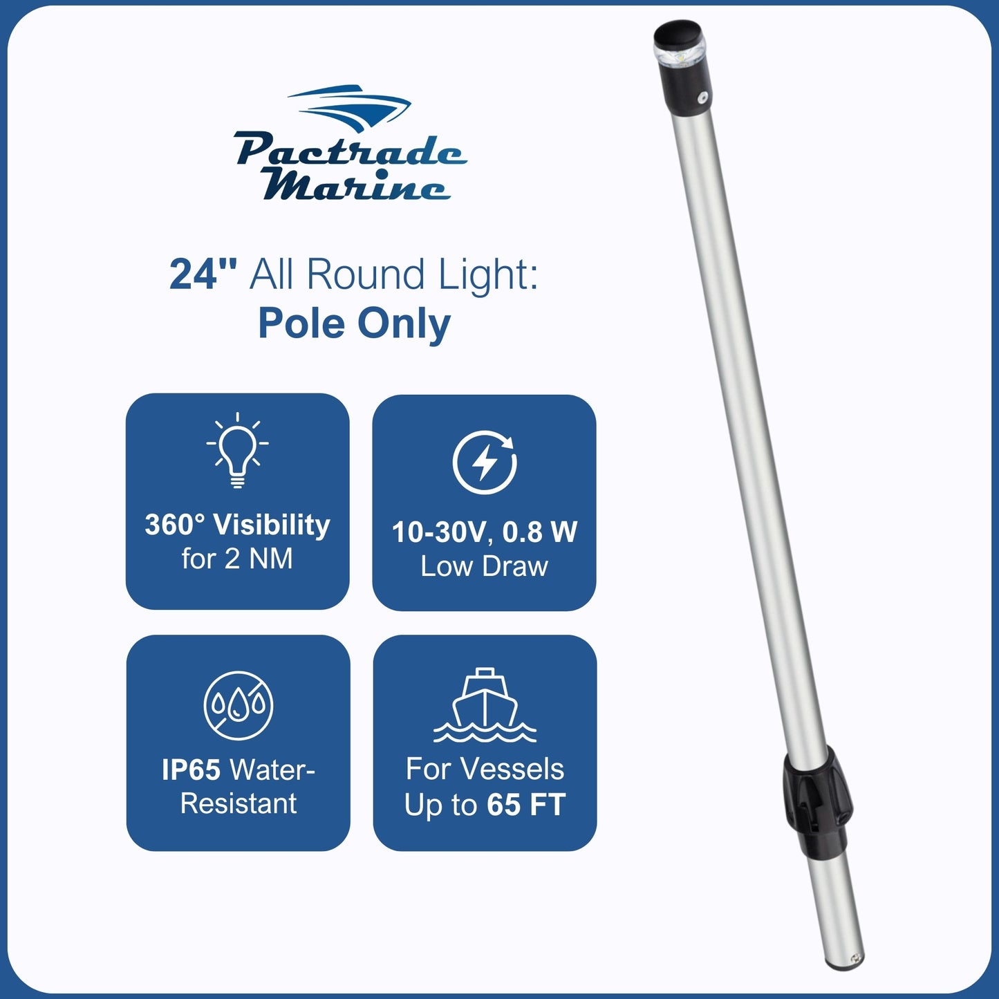 Pactrade Marine Navigation Lights for Boats LED - 24 Inch White All-Round Stern Light (Pole Only, Plug-in Mount) for Night Boating - 52 LM Pontoon, Kayak, Jon Boat Accessories (DC10-30V)