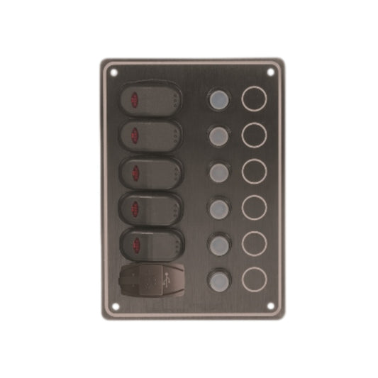 Pactrade Marine 6 Gang Waterproof Black Switch Panel With USB Charger 5x7.5"
