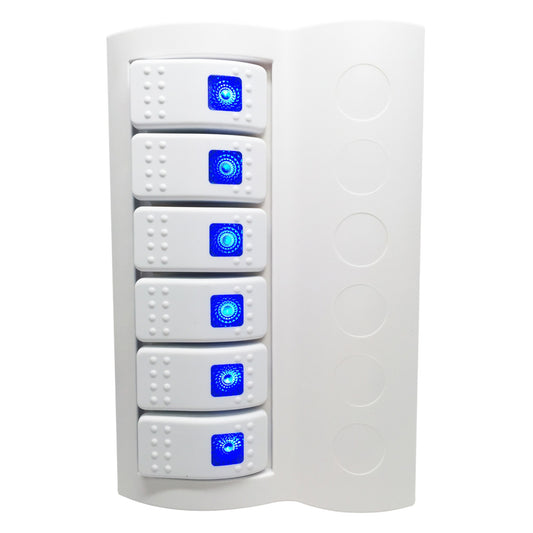Pactrade Marine Boat Waterproof White Switch Panel Circuit Breaker 6 Gang Blue LED Rocker