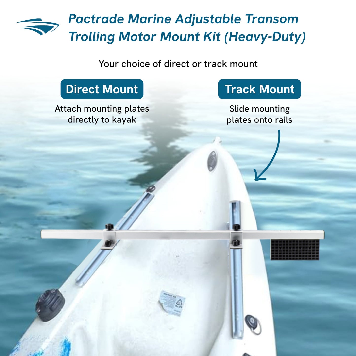 Pactrade Marine Trolling Motor Mount for Kayak & Canoe | Adjustable Transom Kayak Motor Mount Kit Bracket (Heavy-Duty Direct/Track Mount) | Plus Multi-Use Support for Fishing Accessories