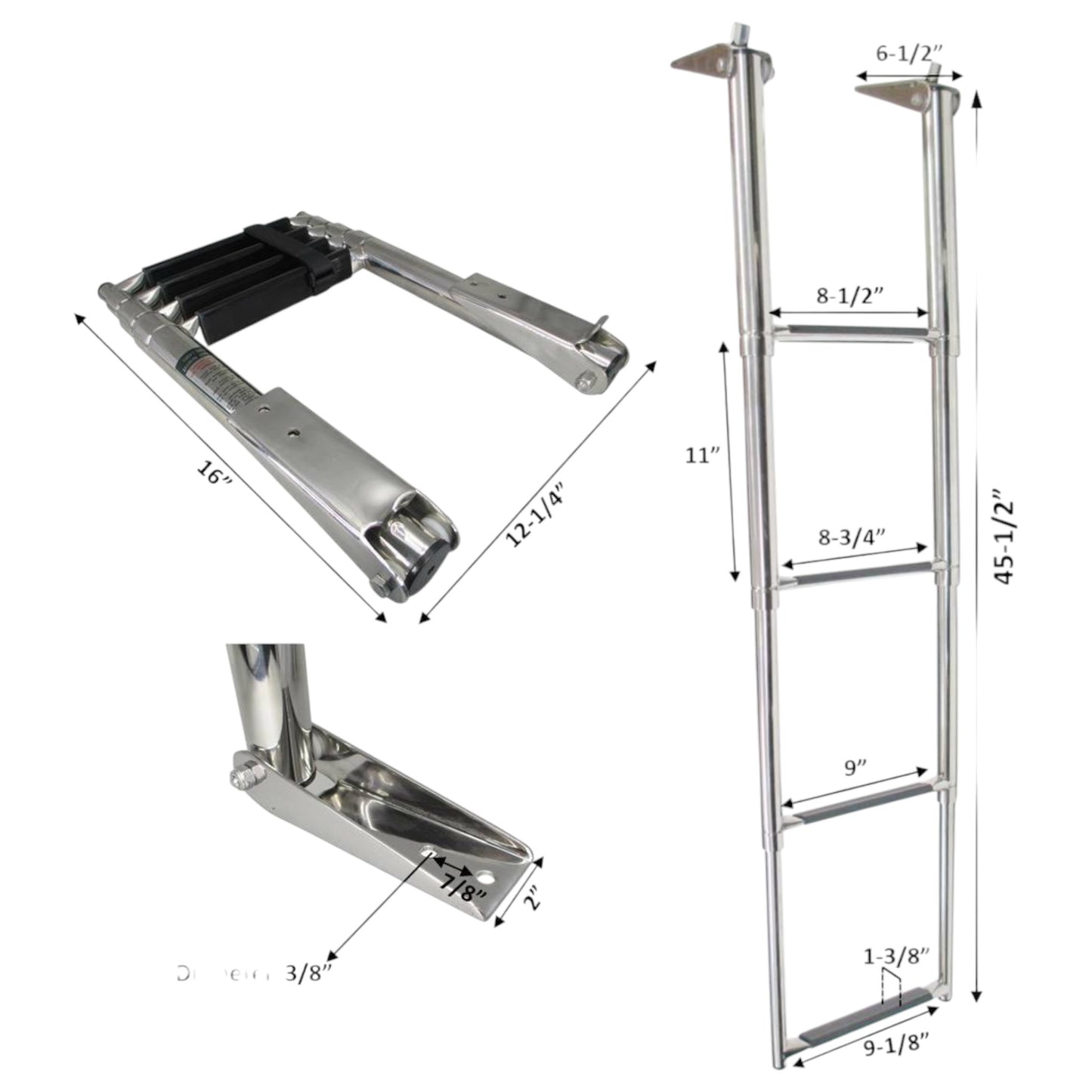 Pactrade Marine Boat SS 4 Steps Telescopic Ladder Over Platform Rubber Foot Grips
