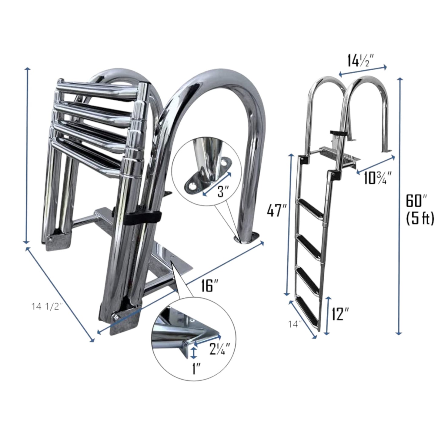 Pactrade Marine Boat Pontoon SS304 Telescoping 4 Step Inboard Swimming Pool Dock Ladder Stainless Steel Handrail Threaded Steps