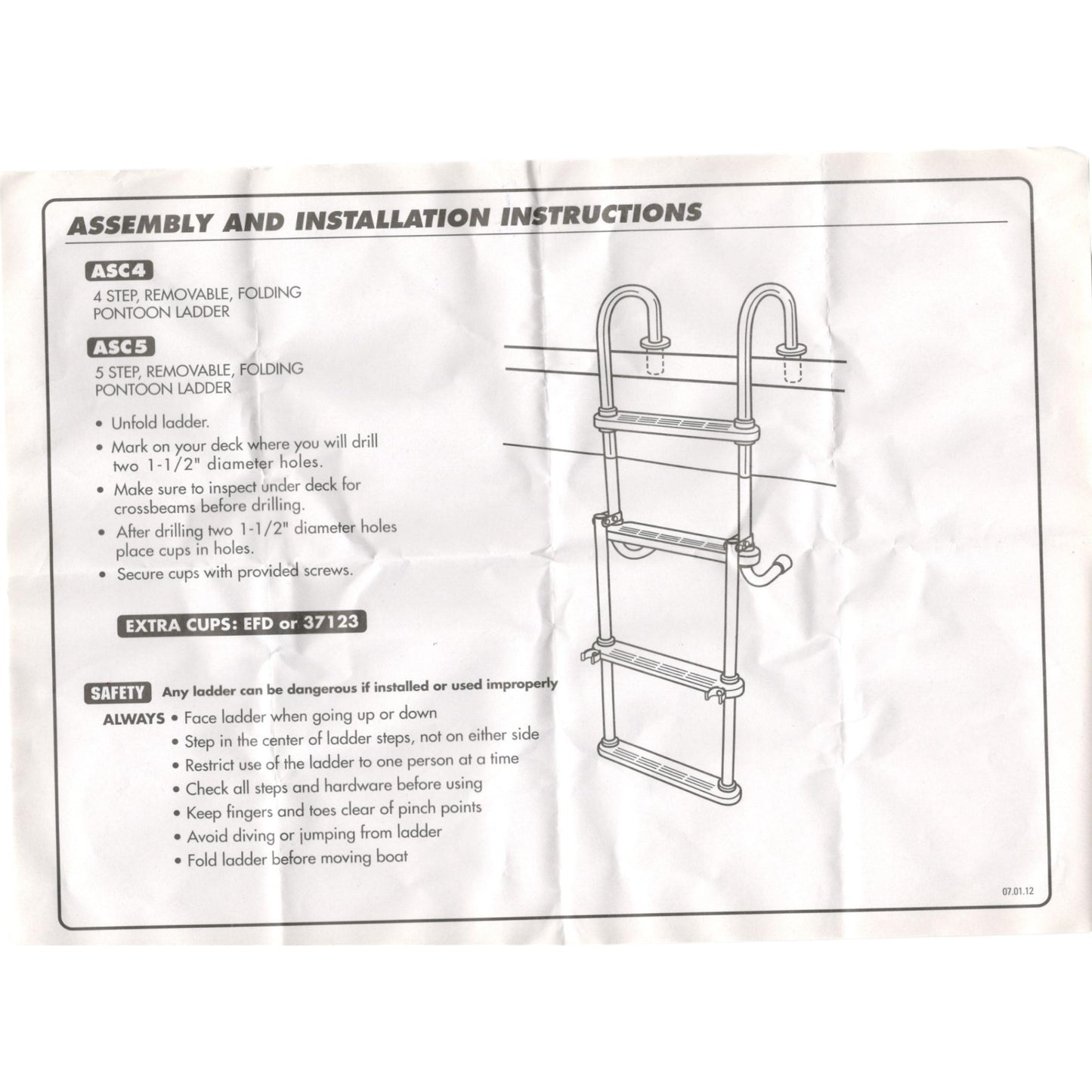 Pactrade Marine Pontoon Boat Removable Folding Ladder 5 Step Anodized Aluminum Tubing 300lbs