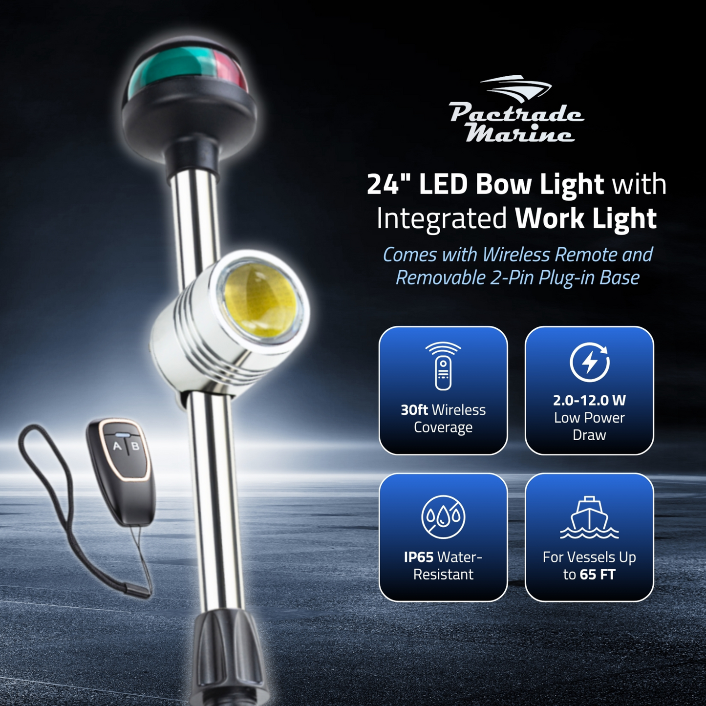 Pactrade Marine LED Bow Light with Integrated Work Light - 24-Inch Red and Green Boat Navigation Light with Built-in Remote Control Spotlight & Plug-in Base - Dual Function Navigation & Task Lighting