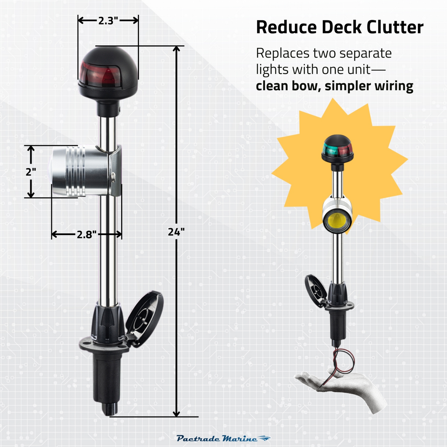 Pactrade Marine LED Bow Light with Integrated Work Light - 24-Inch Red and Green Boat Navigation Light with Built-in Remote Control Spotlight & Plug-in Base - Dual Function Navigation & Task Lighting