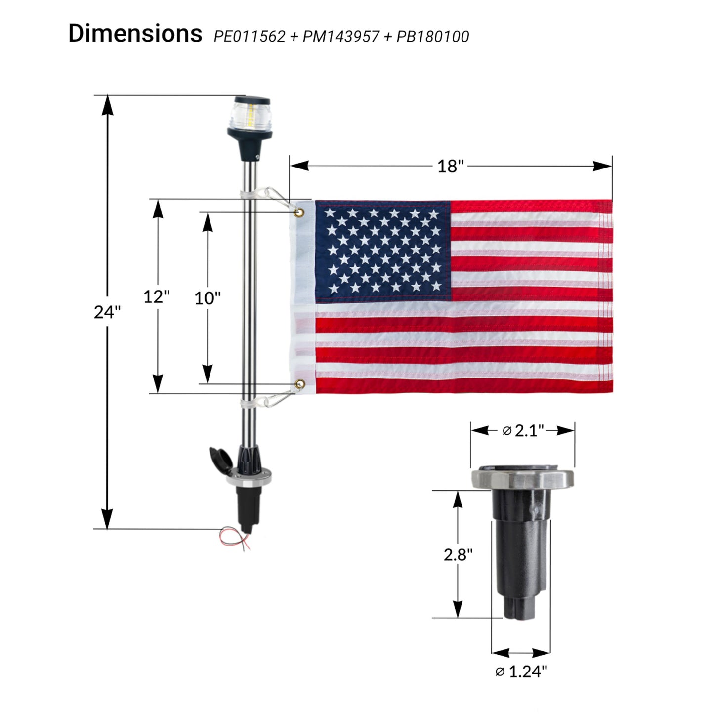 Pactrade Marine Navigation Lights for Boats LED - 24-Inch White LED Stern Light/LED Anchor Light with Removable Flat-Top Base and American Flag 12x18 Inches (250 LM, 2 NM) | Boat Navigation Lights