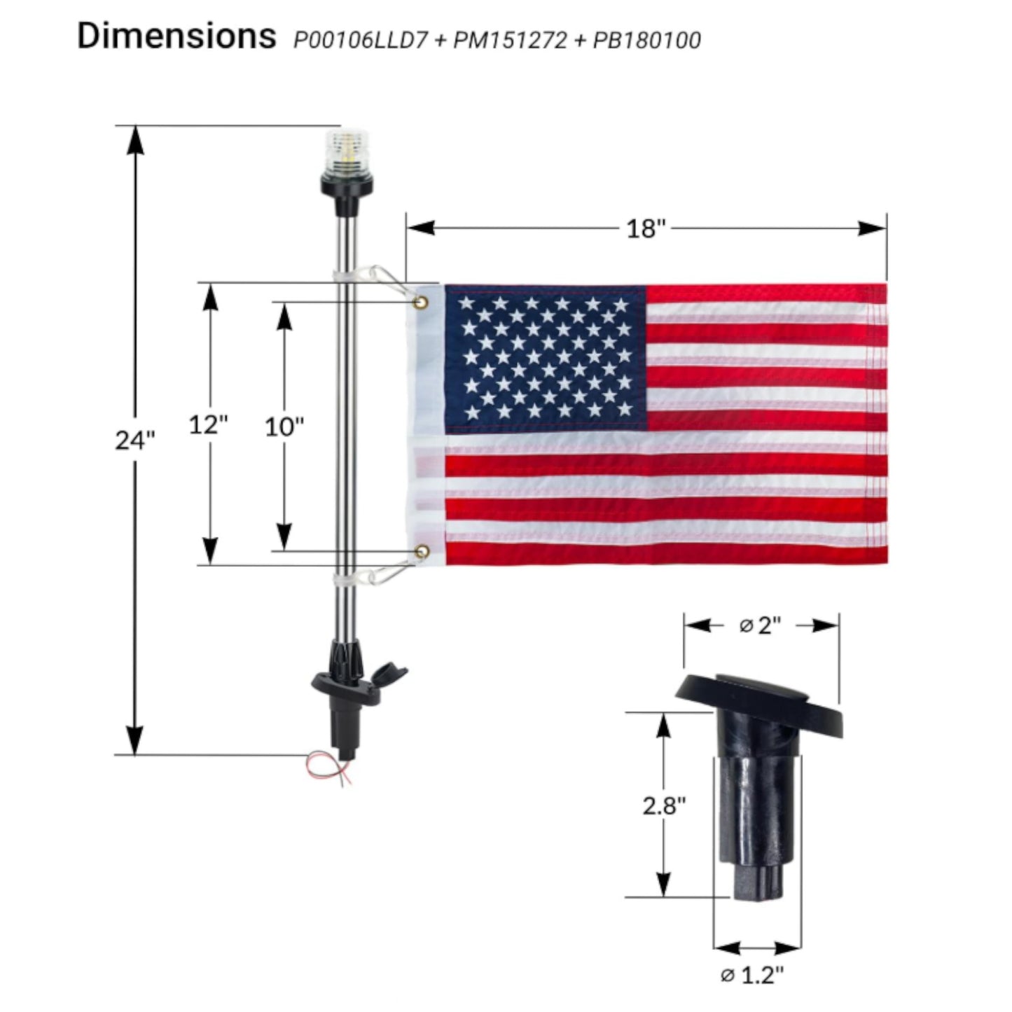 Pactrade Marine Navigation Lights for Boats LED - 24-Inch White LED Stern Light/LED Anchor Light with Removable Angled Base and American Flag 12x18 Inches (250 LM, 2 NM) | Boat Navigation Lights