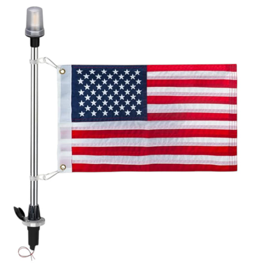 Pactrade Marine Navigation Lights for Boats LED - 24-Inch White LED Stern Light/LED Anchor Light with Removable Flat-Top Base and American Flag 12x18 Inches (250 LM, 2 NM) | Boat Navigation Lights