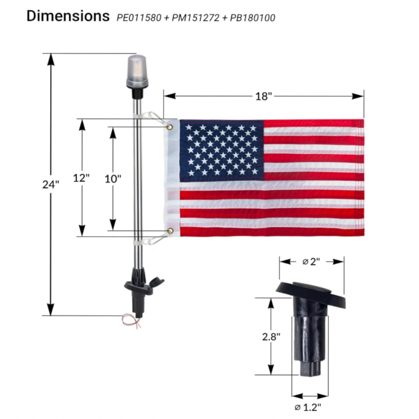 Pactrade Marine Navigation Lights for Boats LED - 24-Inch White LED Stern Light/LED Anchor Light with Removable Angled Base and American Flag 12x18 Inches (250 LM, 2 NM) | Boat Navigation Lights