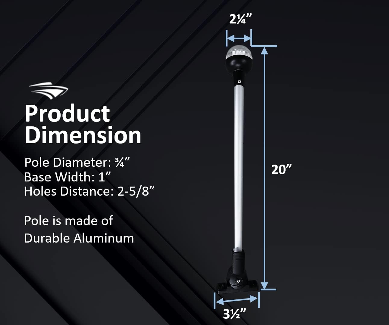 Pactrade Marine Aluminium LED RV Adjustable All Round 360 Degree with Stern Pole Navigation Anchor Light Pontoon Fishing Boat Kayak (20" Vertical)