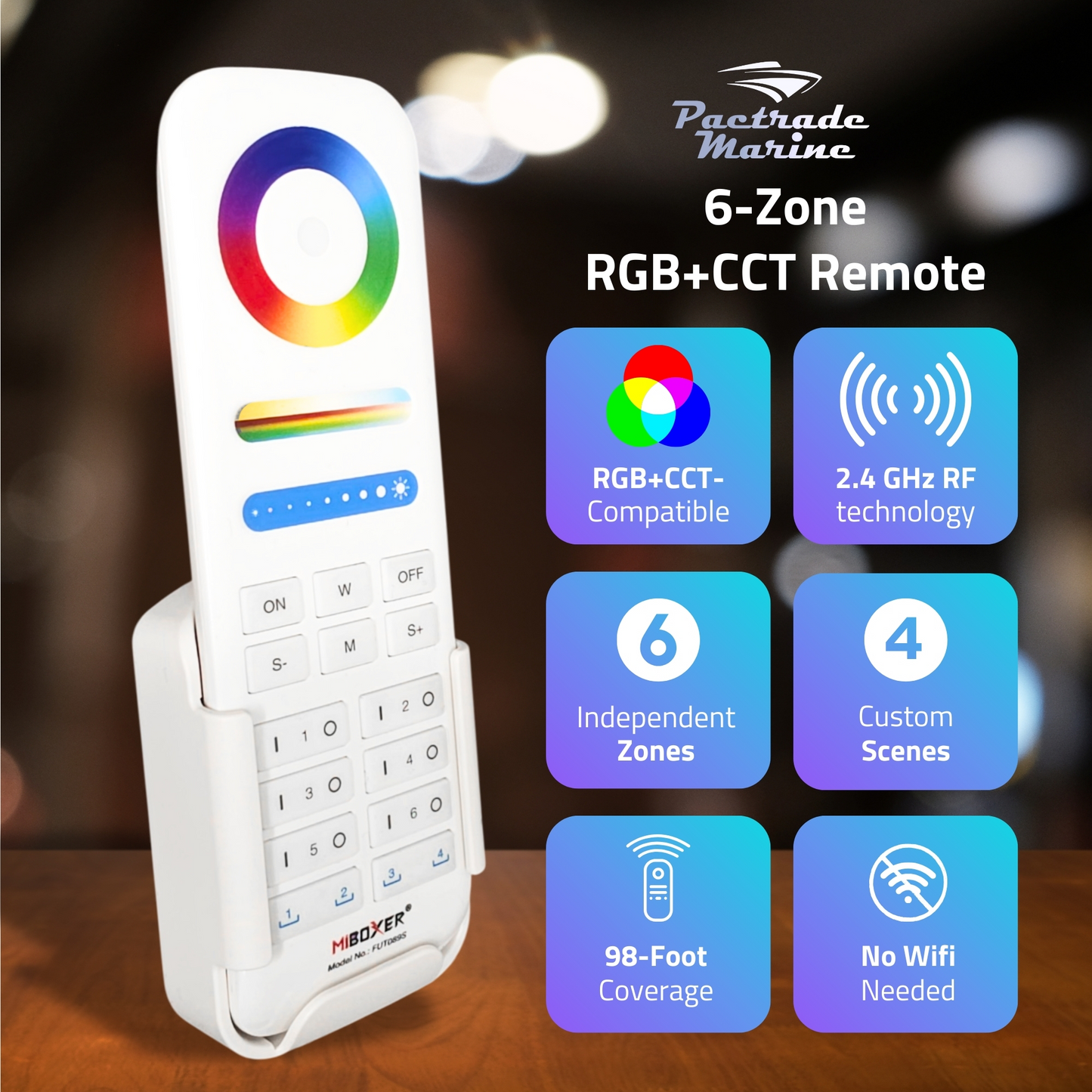 Pactrade Marine RGB+CCT LED Remote & LED Light Controller Kit - 6-Zone 2.4G RF Wireless System with 16M Colors, Up to 30 Fixtures, 98 FT Range - Complete Mi-Light Hub for Boats & RVs (FUT089S + E3-RF)
