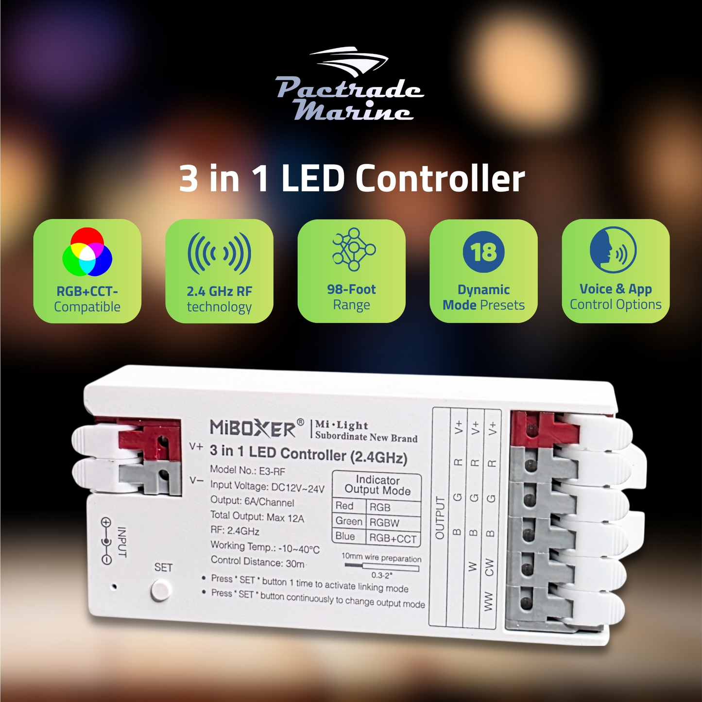Pactrade Marine 3-in-1 LED Light Controller - 12-24V Mi-Light Hub with 16M Colors, 18 Dynamic Modes, App Control - RGB/RGBW/RGB+CCT Compatible - Tool-Free Installation, Marine-RV Ready (E3-RF)