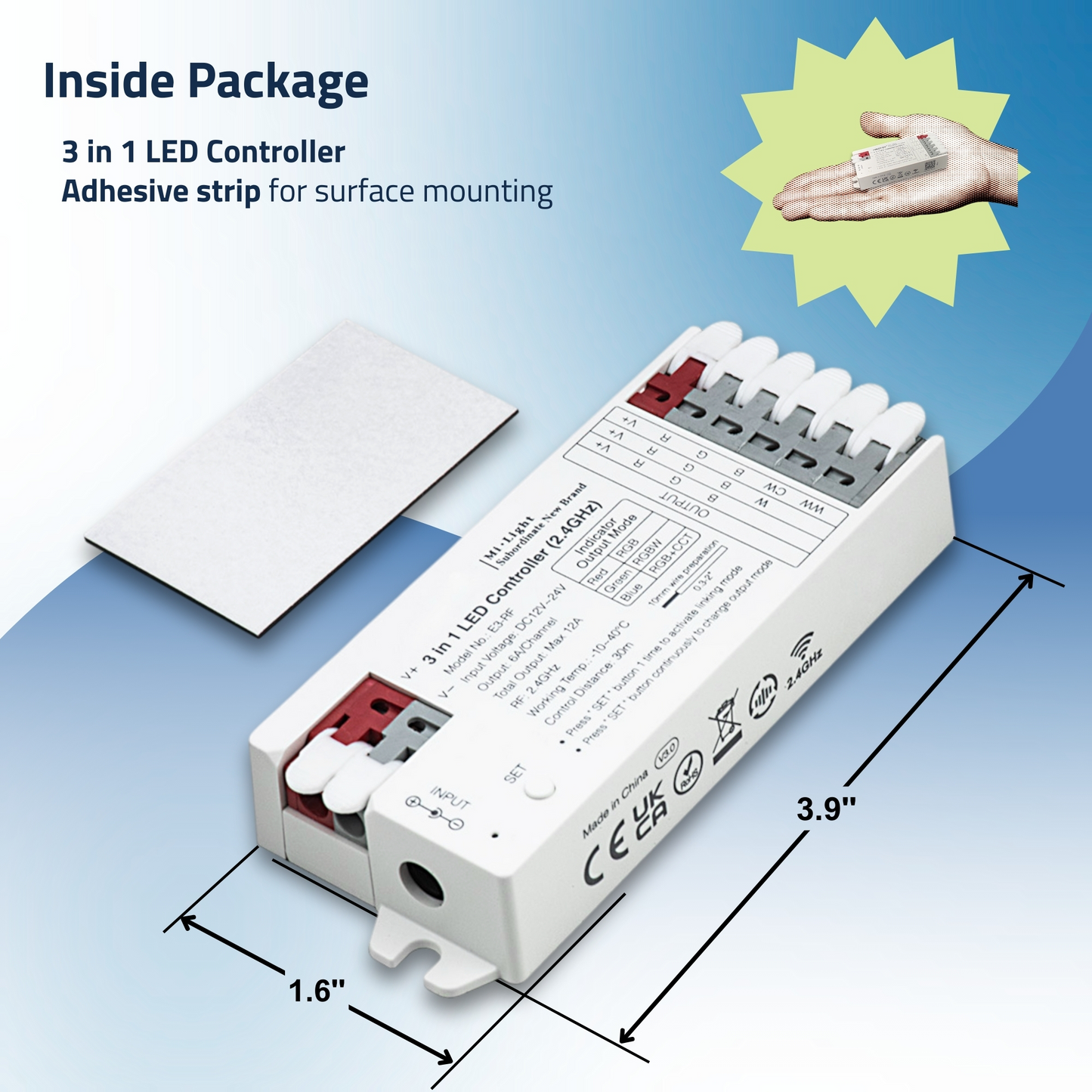Pactrade Marine 3-in-1 LED Light Controller - 12-24V Mi-Light Hub with 16M Colors, 18 Dynamic Modes, App Control - RGB/RGBW/RGB+CCT Compatible - Tool-Free Installation, Marine-RV Ready (E3-RF)