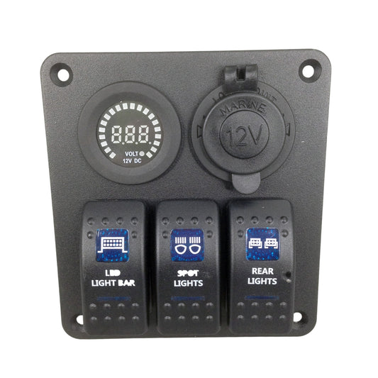 Pactrade Bus RV Car Blue LED 3 Gang Rocker Switch Aluminum Panel Voltmeter Power