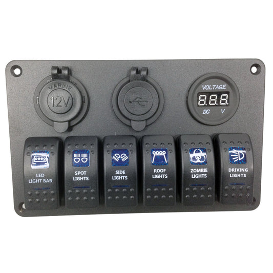 Pactrade Car RV Truck 6 Gang Aluminum Blue LED Switch Panel USB Charger Power