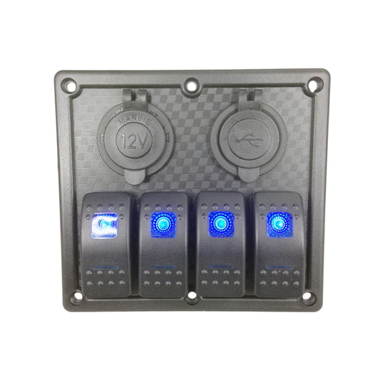 Pactrade Marine Car RV Boat 4 Gang Blue LED ROcker Switch Plastic Panel