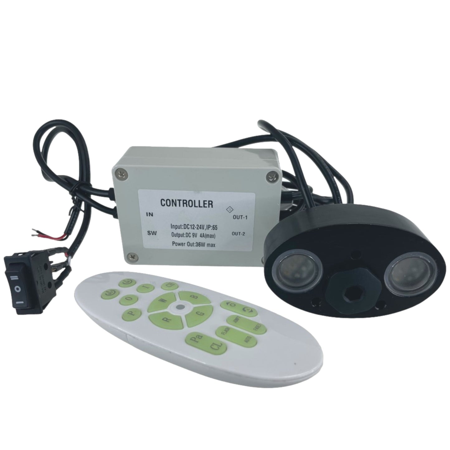 Pactrade Marine Black Aluminum Housing Plug/Transom Underwater Light DC12-24V LED Waterproof IP68 36W Max LED Lengthy Wired with 433MHz Remote Control Red Green Blue White (Double LEDs)